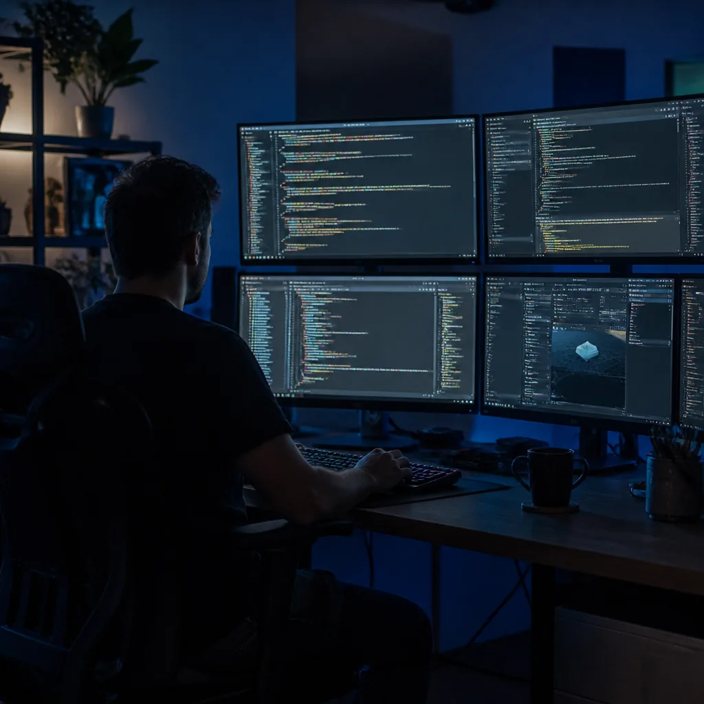 A game developer working late at a multi-monitor desk with code on the screens
