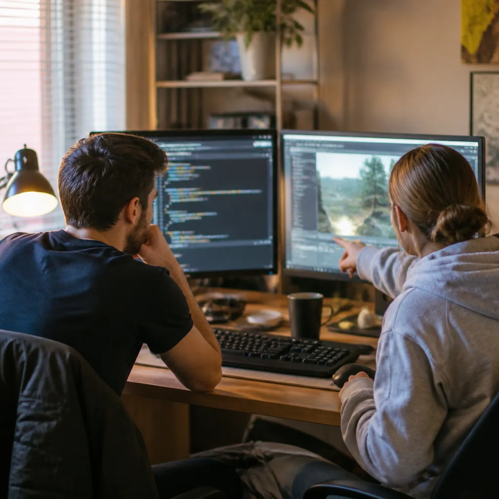 Two developers reviewing code and a game editor together at a desk