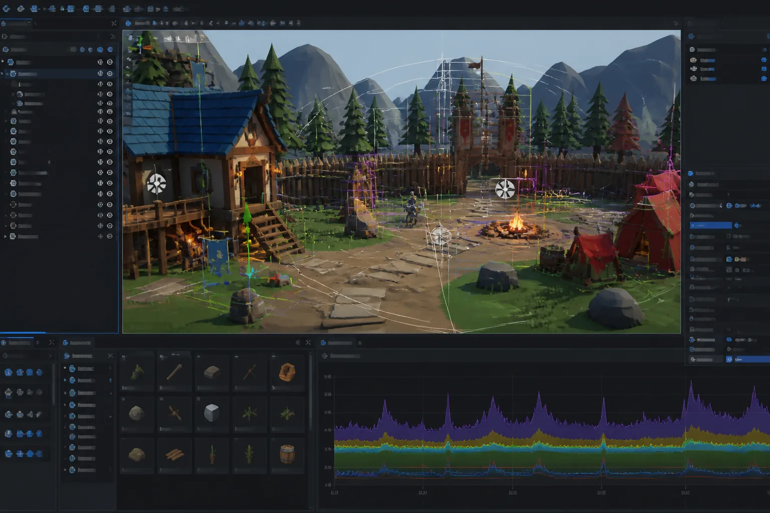 A game engine editor viewport with wireframe gizmos, debug overlays and profiler graphs