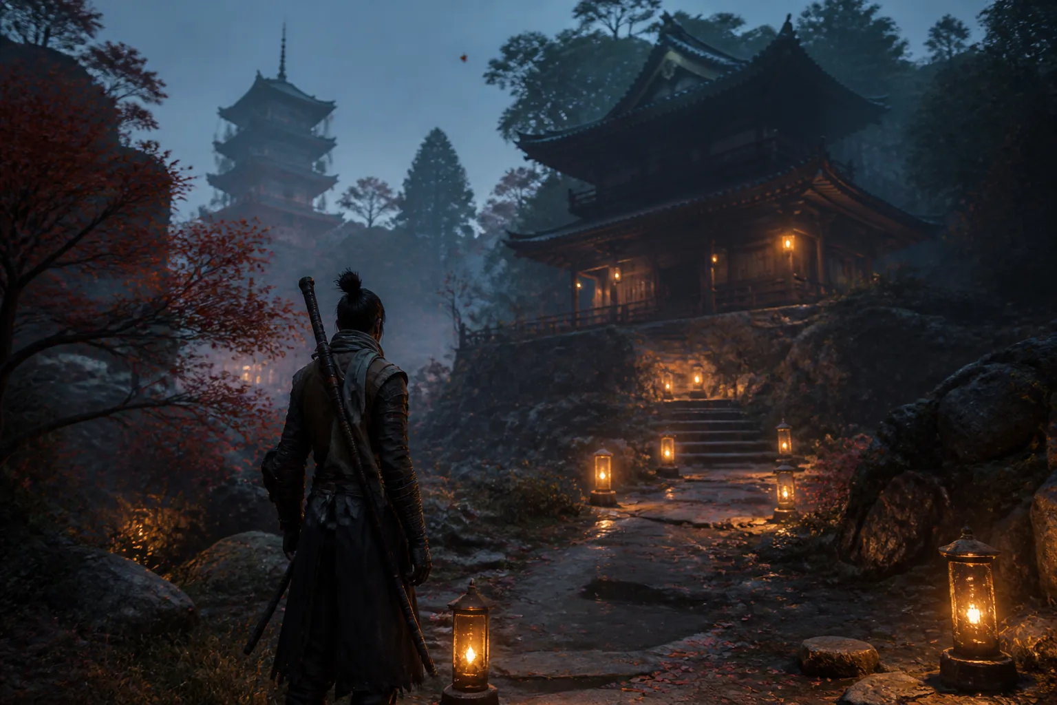 An atmospheric in-game frame from a stylized indie game in moody lighting